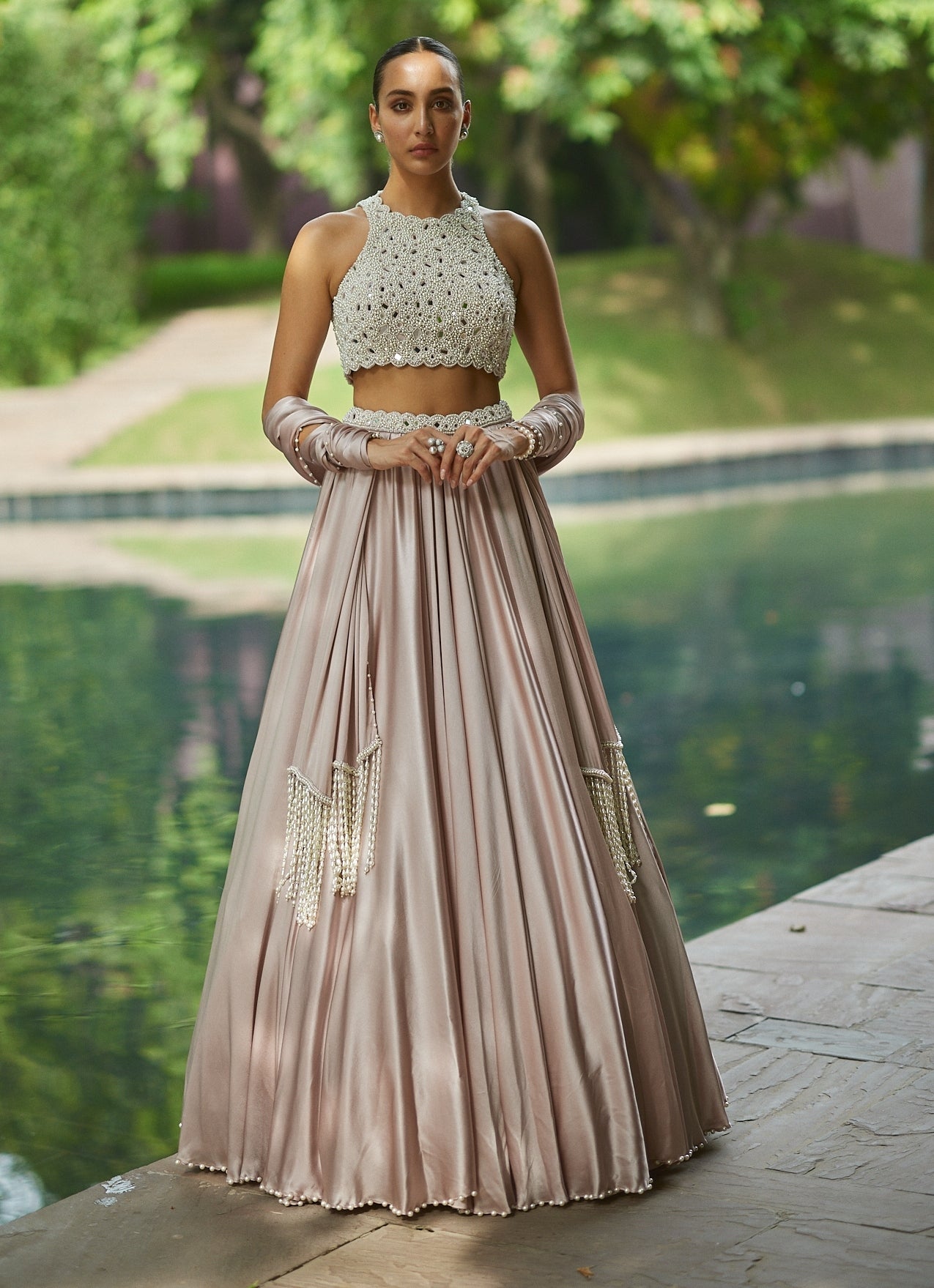 Ash pink satin embroidered skirt set with stole for engagement