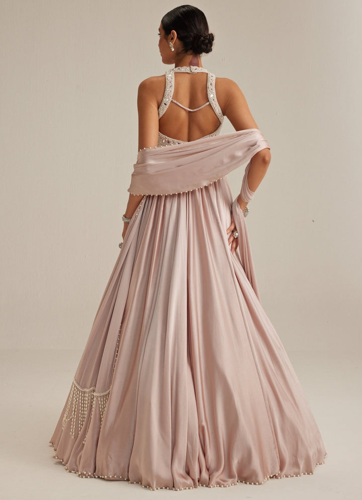 Ash Pink Satin Embroidered Skirt Set With Stole Vvani by Vani Vats - Fabilicious Fashion