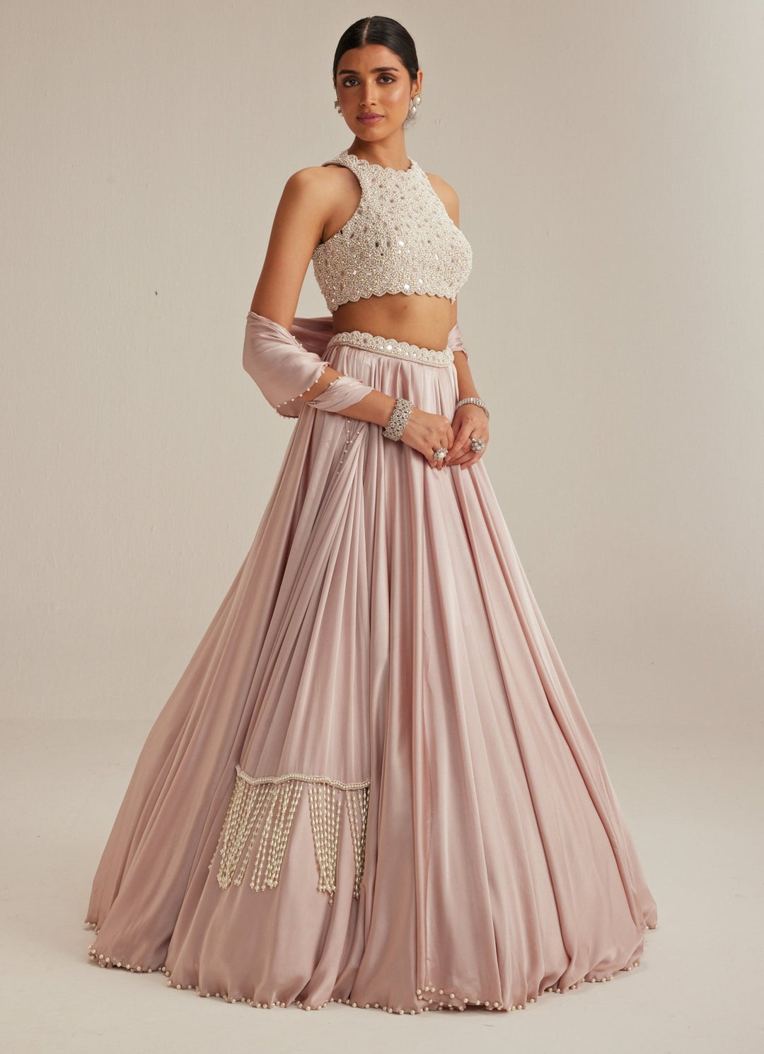 Ash Pink Satin Embroidered Skirt Set With Stole Vvani by Vani Vats - Fabilicious Fashion