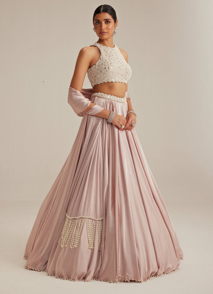 Ash Pink Satin Embroidered Skirt Set With Stole Vvani by Vani Vats - Fabilicious Fashion