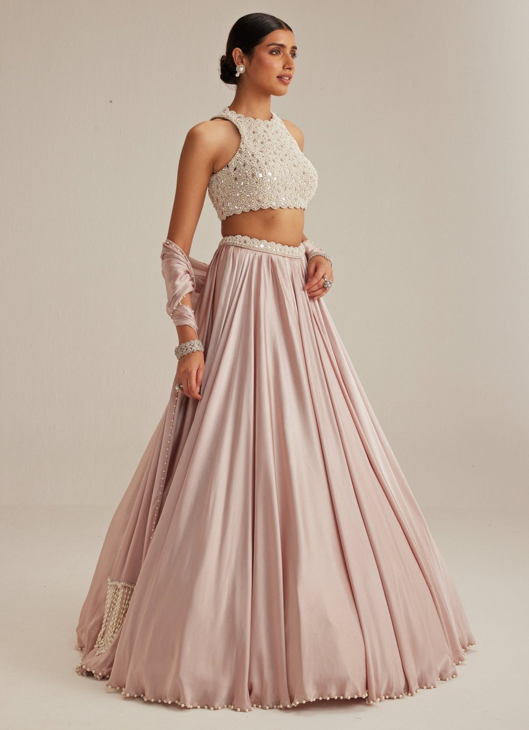 Ash Pink Satin Embroidered Skirt Set With Stole Vvani by Vani Vats - Fabilicious Fashion