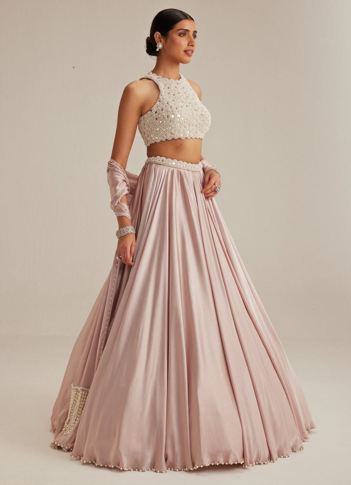 Ash Pink Satin Embroidered Skirt Set With Stole Vvani by Vani Vats - Fabilicious Fashion