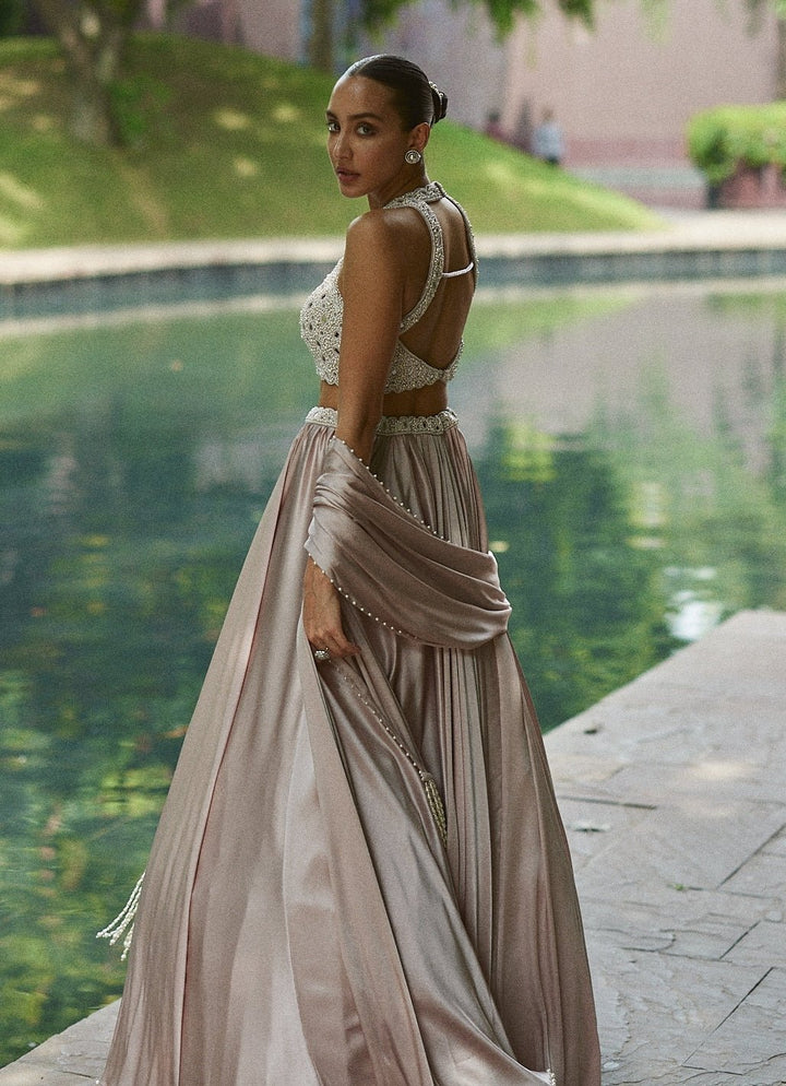 Ash Pink Satin Embroidered Skirt Set With Stole Vvani by Vani Vats - Fabilicious Fashion