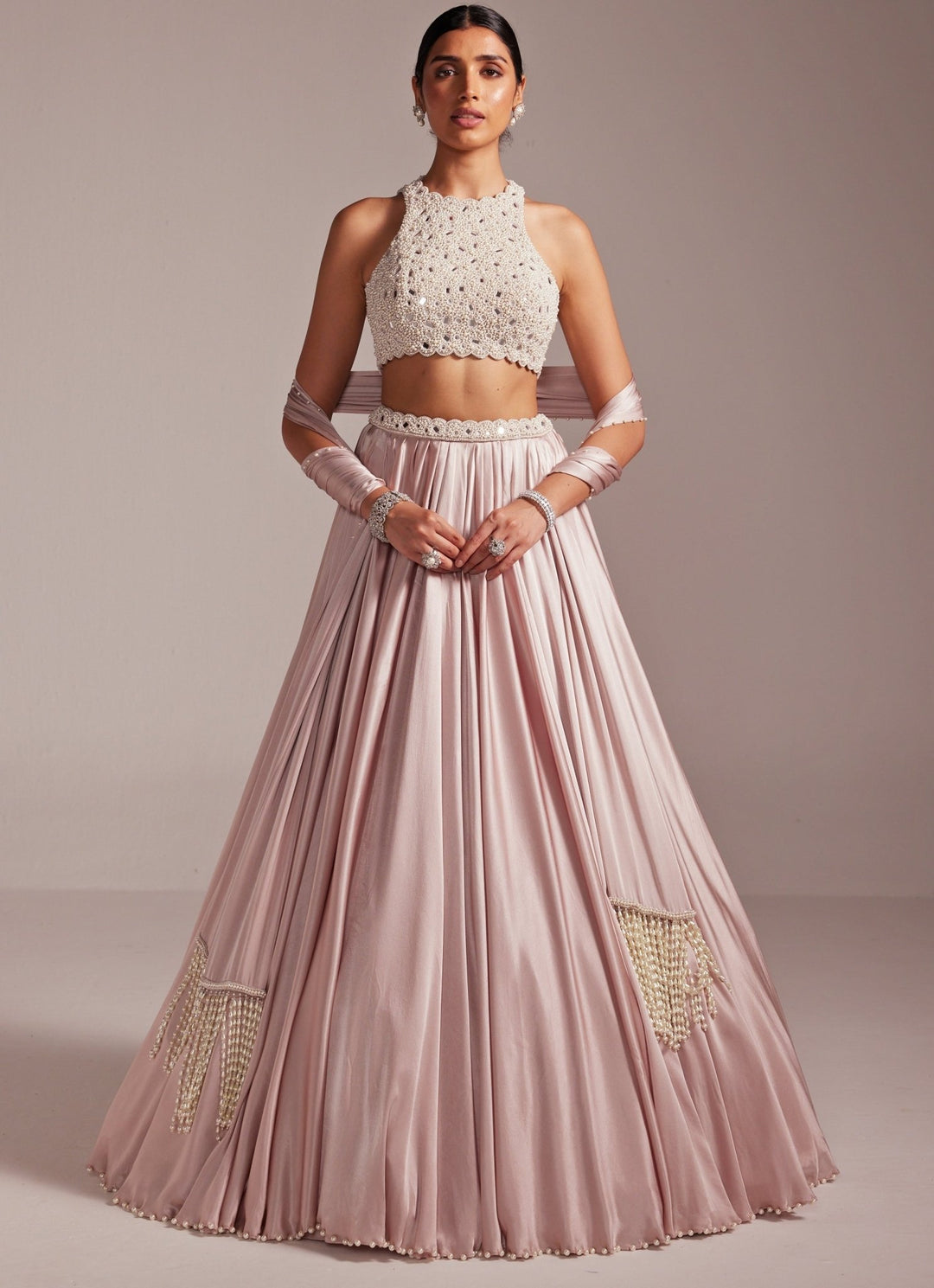 Ash Pink Satin Embroidered Skirt Set With Stole Vvani by Vani Vats - Fabilicious Fashion