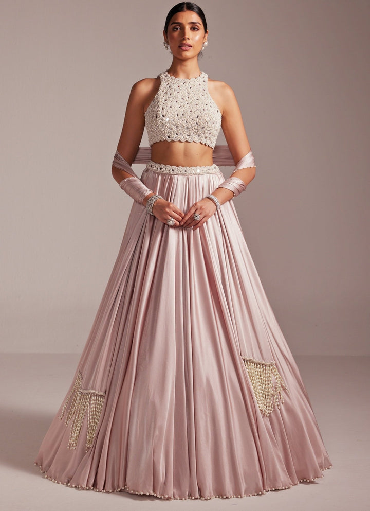 Ash Pink Satin Embroidered Skirt Set With Stole Vvani by Vani Vats - Fabilicious Fashion