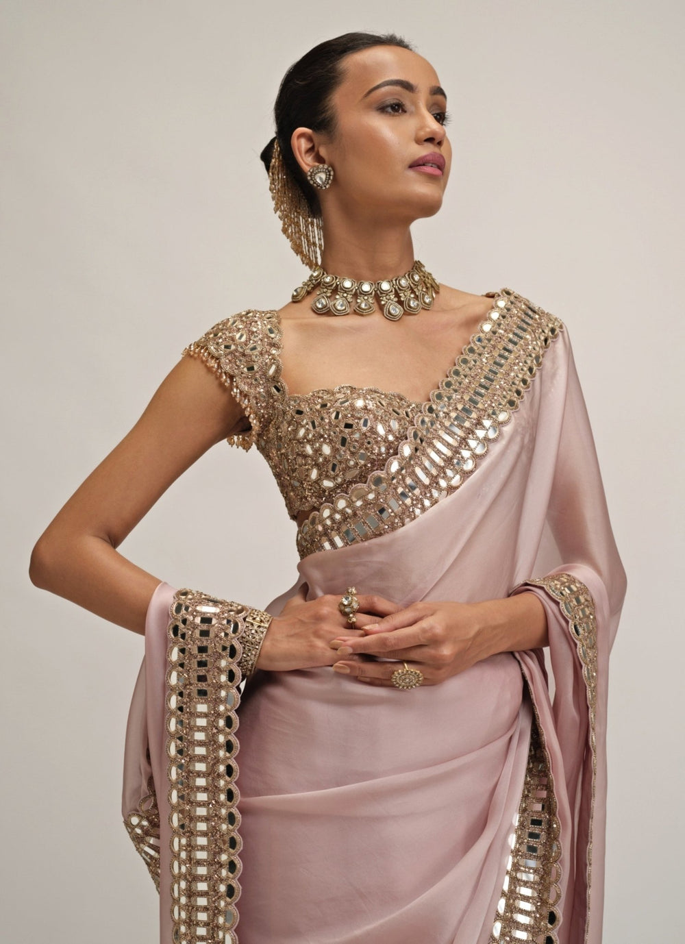 Vvani by Vani Vats Ash Pink Satin Organza SareeFabilicious Fashion