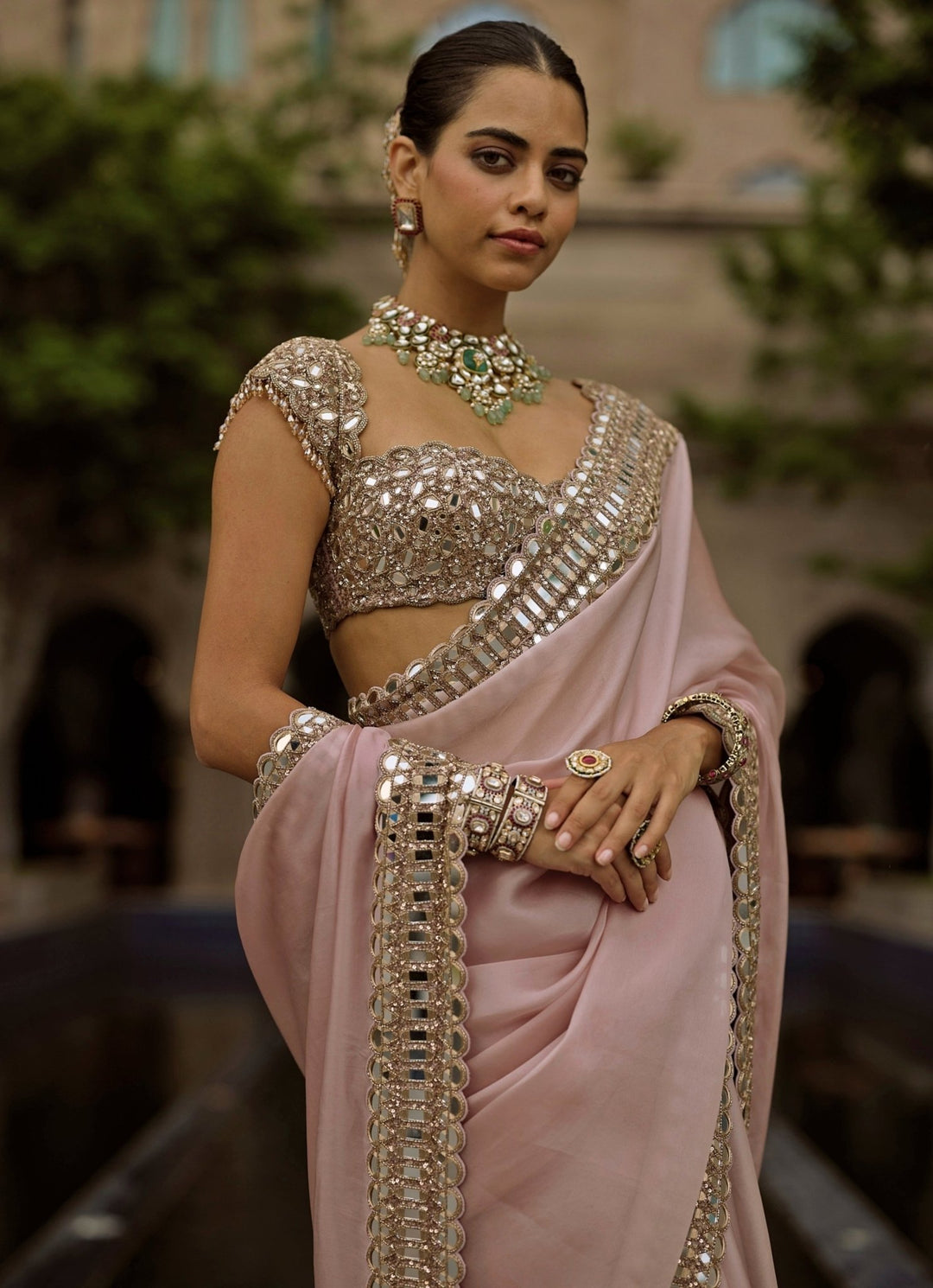 Vvani by Vani Vats Ash Pink Satin Organza SareeFabilicious Fashion