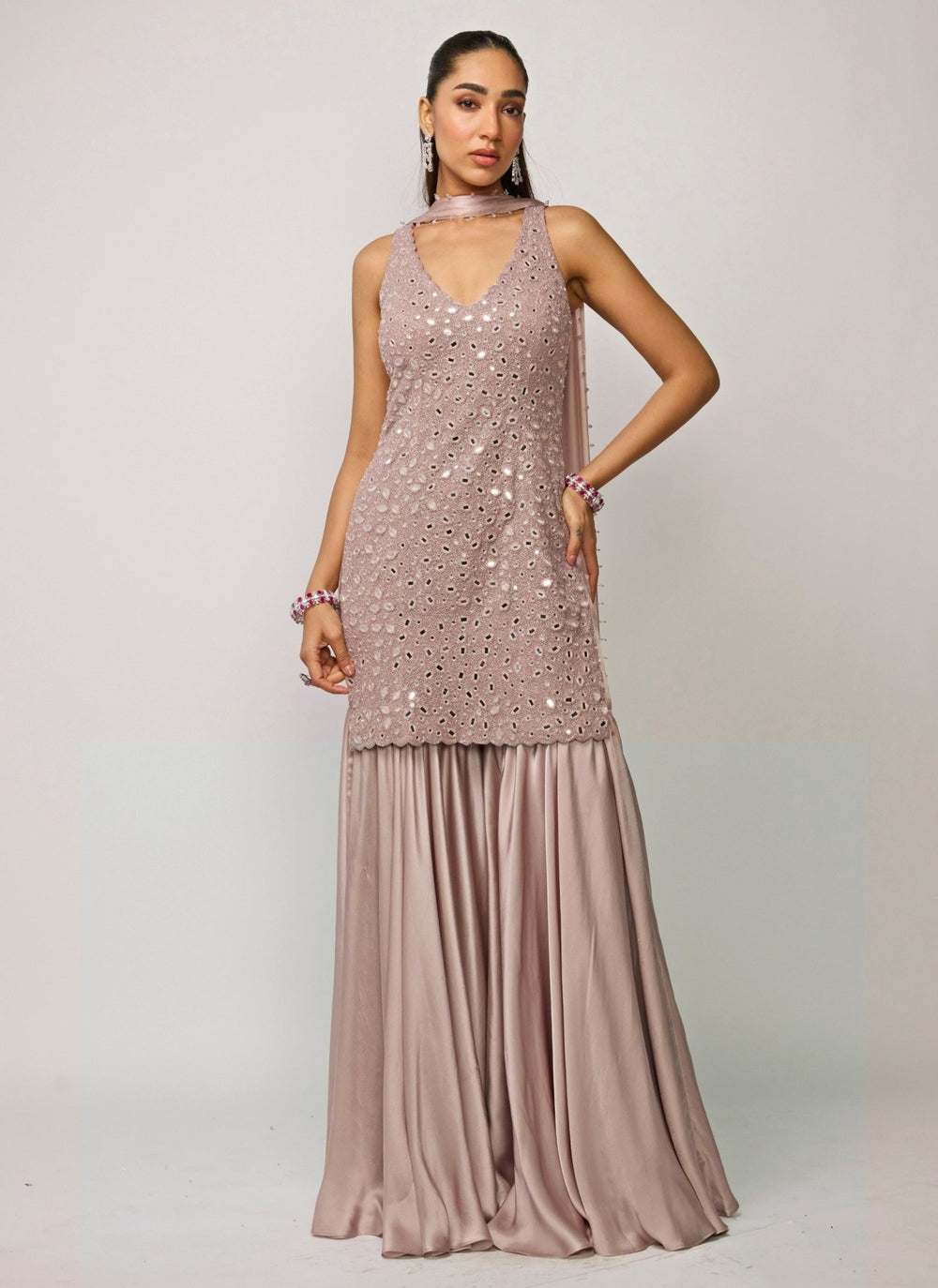 Vvani by Vani Vats Ash Pink Soft Net Kurta Sharara SetFabilicious Fashion
