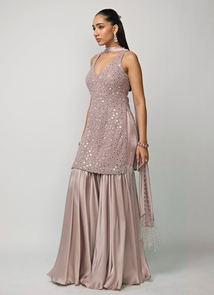 Vvani by Vani Vats Ash Pink Soft Net Kurta Sharara SetFabilicious Fashion