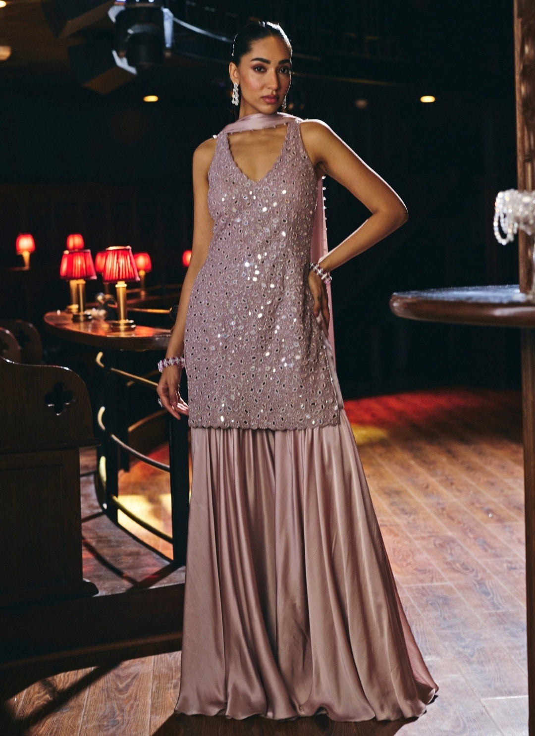 Vvani by Vani Vats Ash Pink Soft Net Kurta Sharara SetFabilicious Fashion
