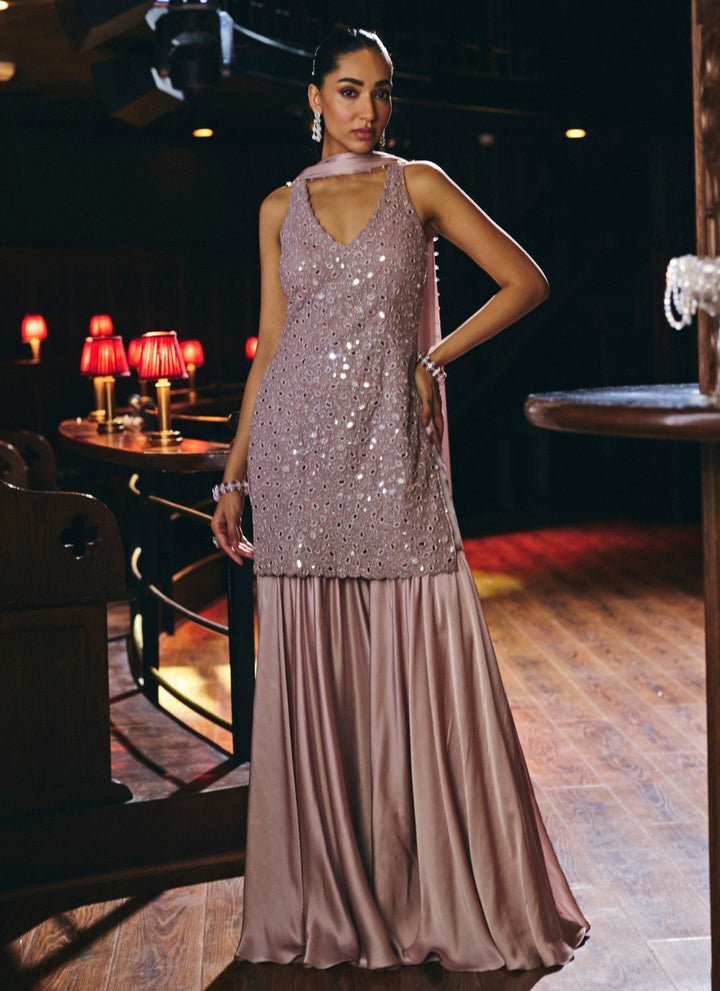 Vvani by Vani Vats Ash Pink Soft Net Kurta Sharara SetFabilicious Fashion