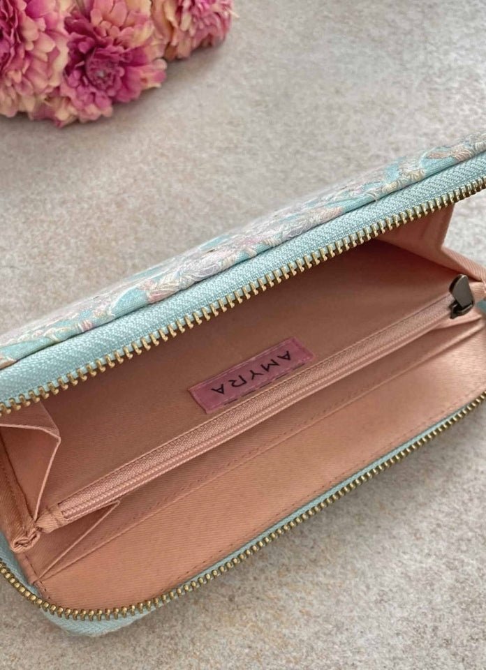 Baby Blue Embroidered Zip Wallet AMYRA - Fabilicious Fashion
