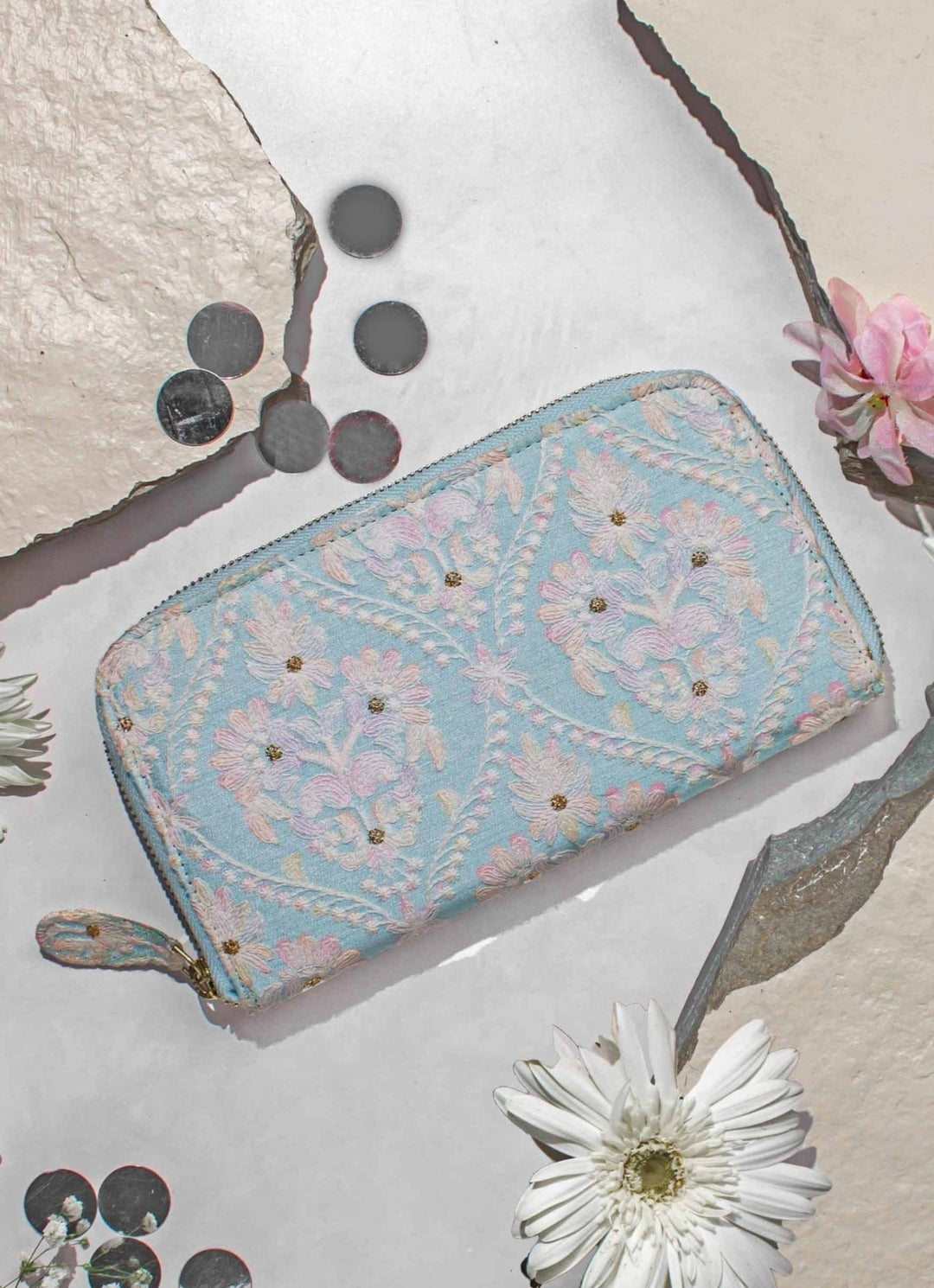 Baby Blue Embroidered Zip Wallet AMYRA - Fabilicious Fashion