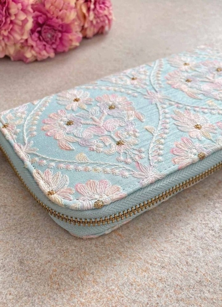 Baby Blue Embroidered Zip Wallet AMYRA - Fabilicious Fashion