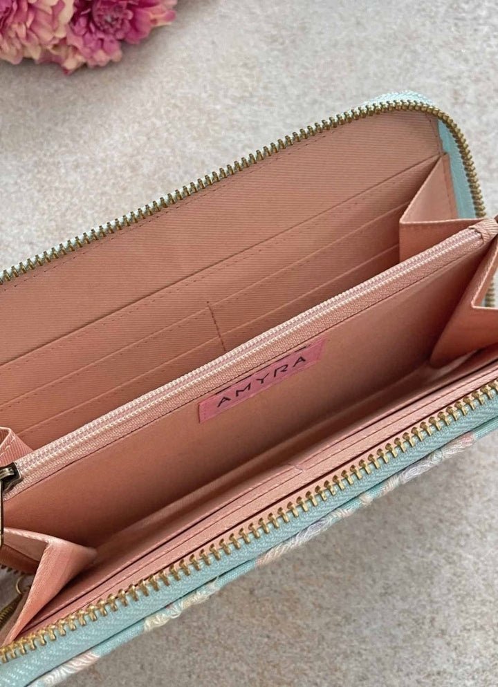 Baby Blue Embroidered Zip Wallet AMYRA - Fabilicious Fashion