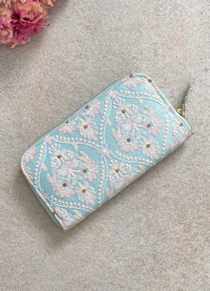 Baby Blue Embroidered Zip Wallet AMYRA - Fabilicious Fashion