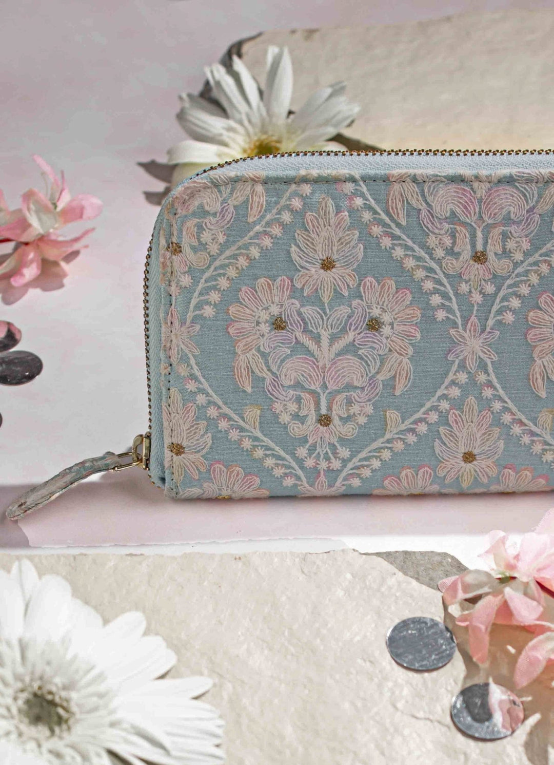 Baby Blue Embroidered Zip Wallet AMYRA - Fabilicious Fashion