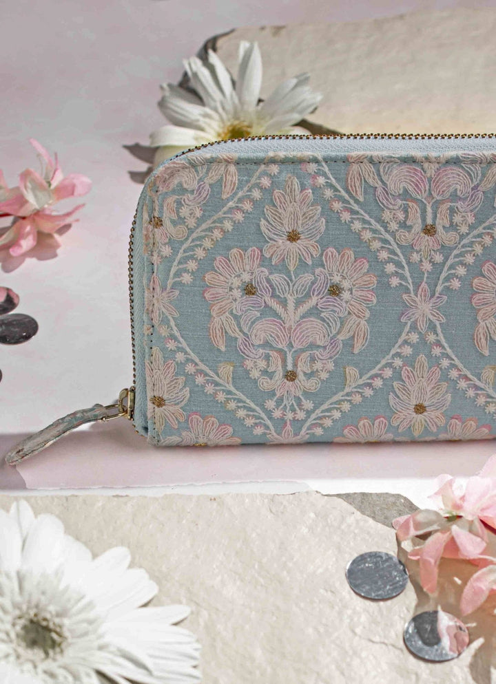 Baby Blue Embroidered Zip Wallet AMYRA - Fabilicious Fashion