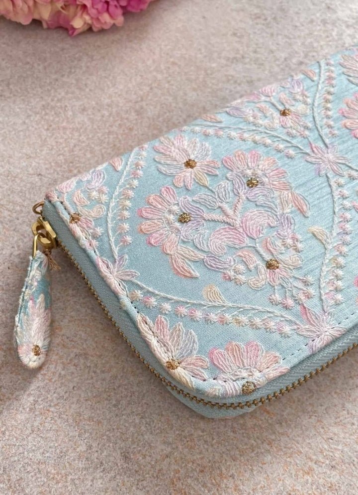 Baby Blue Embroidered Zip Wallet AMYRA - Fabilicious Fashion