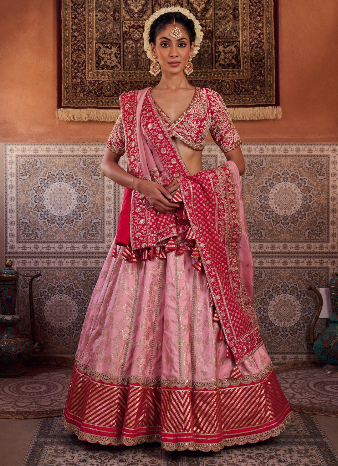 Baby Pink And Red Silk Lehenga Set KAPDA DORI - Fabilicious Fashion