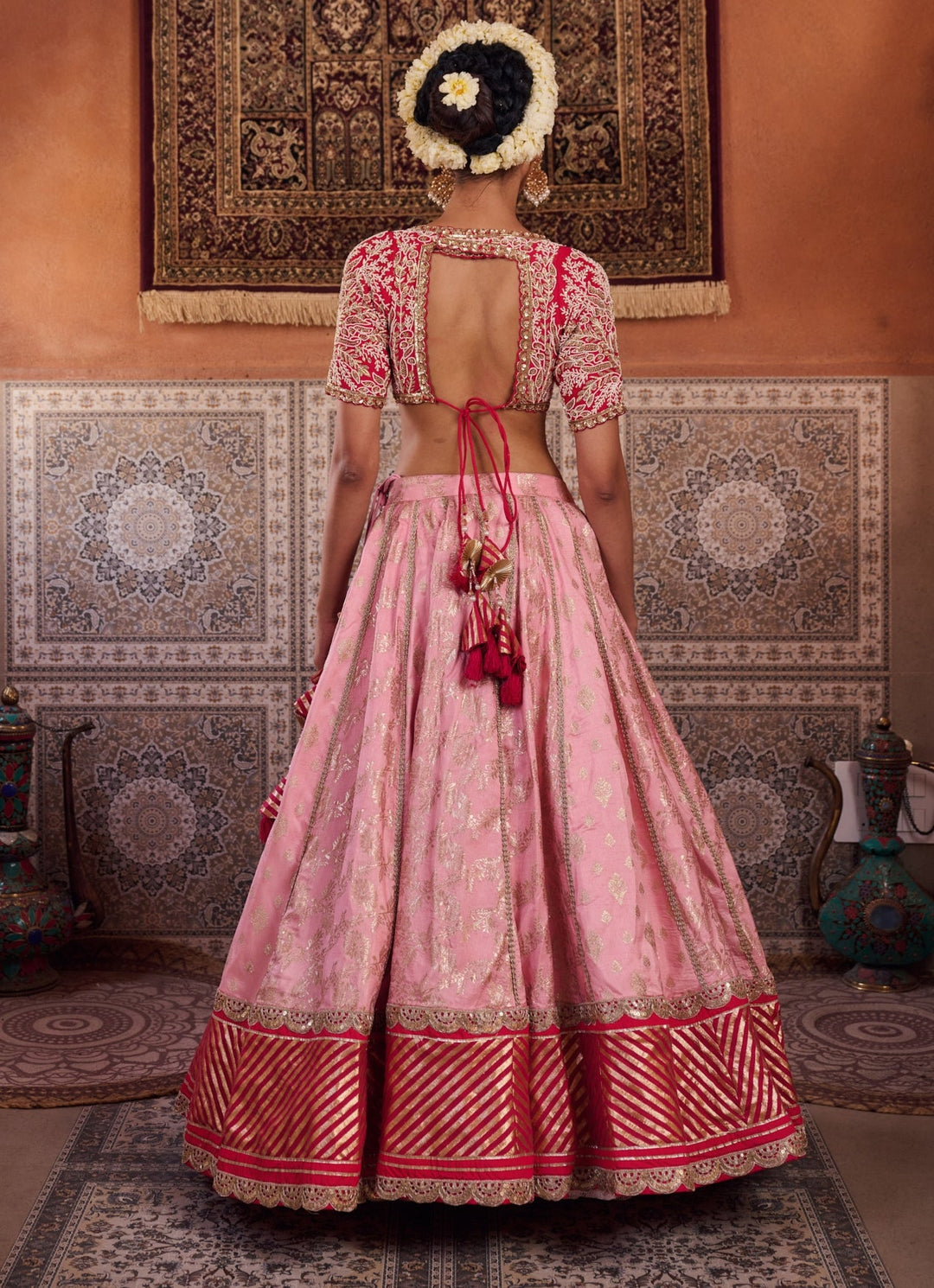 Baby Pink And Red Silk Lehenga Set KAPDA DORI - Fabilicious Fashion