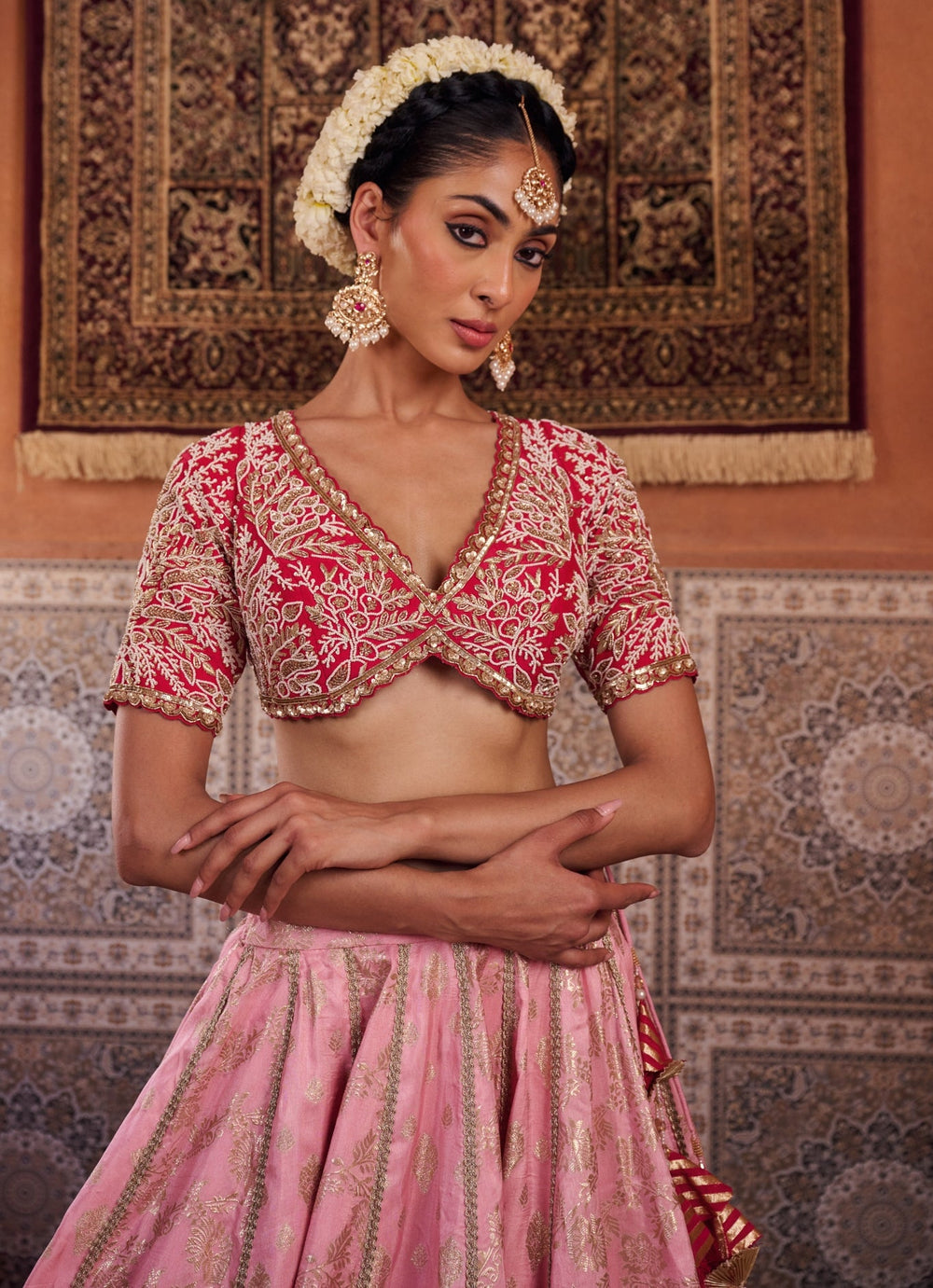Baby Pink And Red Silk Lehenga Set KAPDA DORI - Fabilicious Fashion