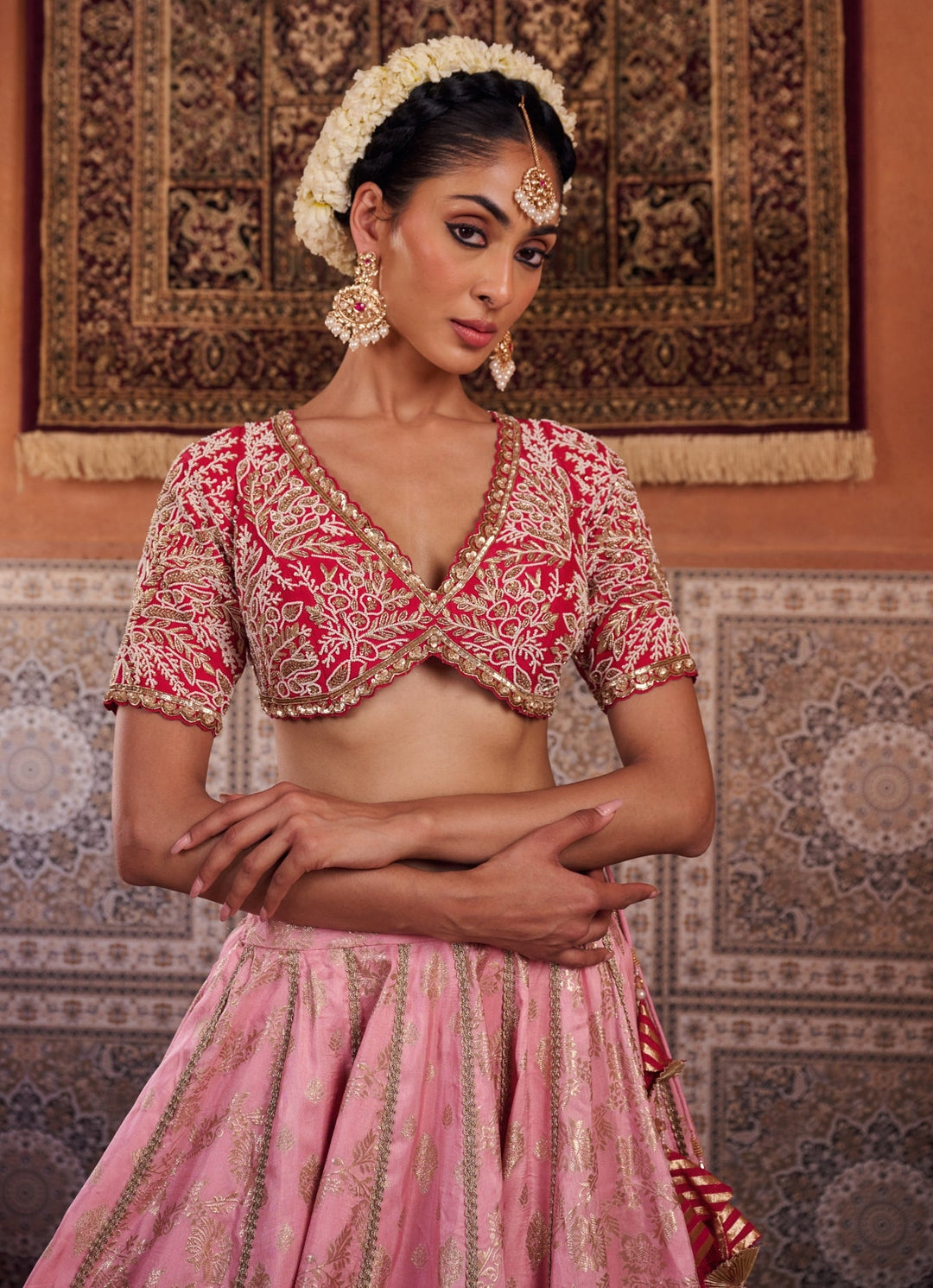Baby Pink And Red Silk Lehenga Set KAPDA DORI - Fabilicious Fashion