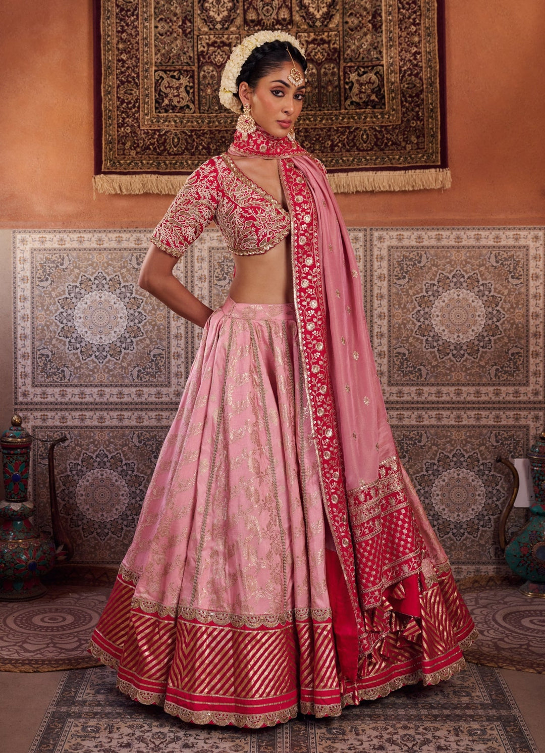 Baby Pink And Red Silk Lehenga Set KAPDA DORI - Fabilicious Fashion