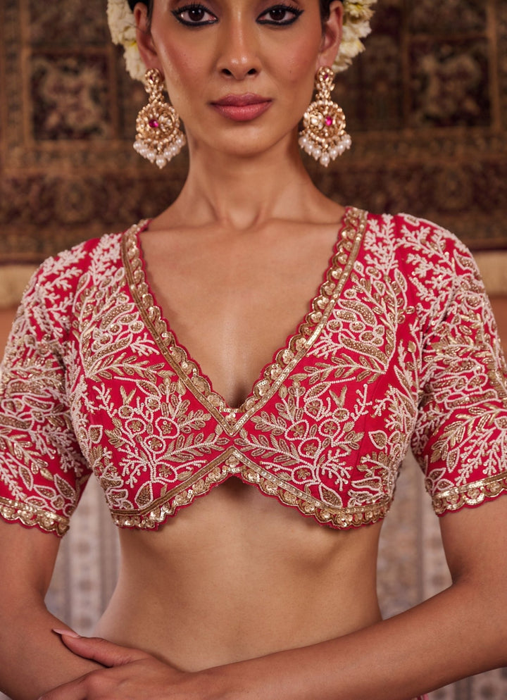 Baby Pink And Red Silk Lehenga Set KAPDA DORI - Fabilicious Fashion