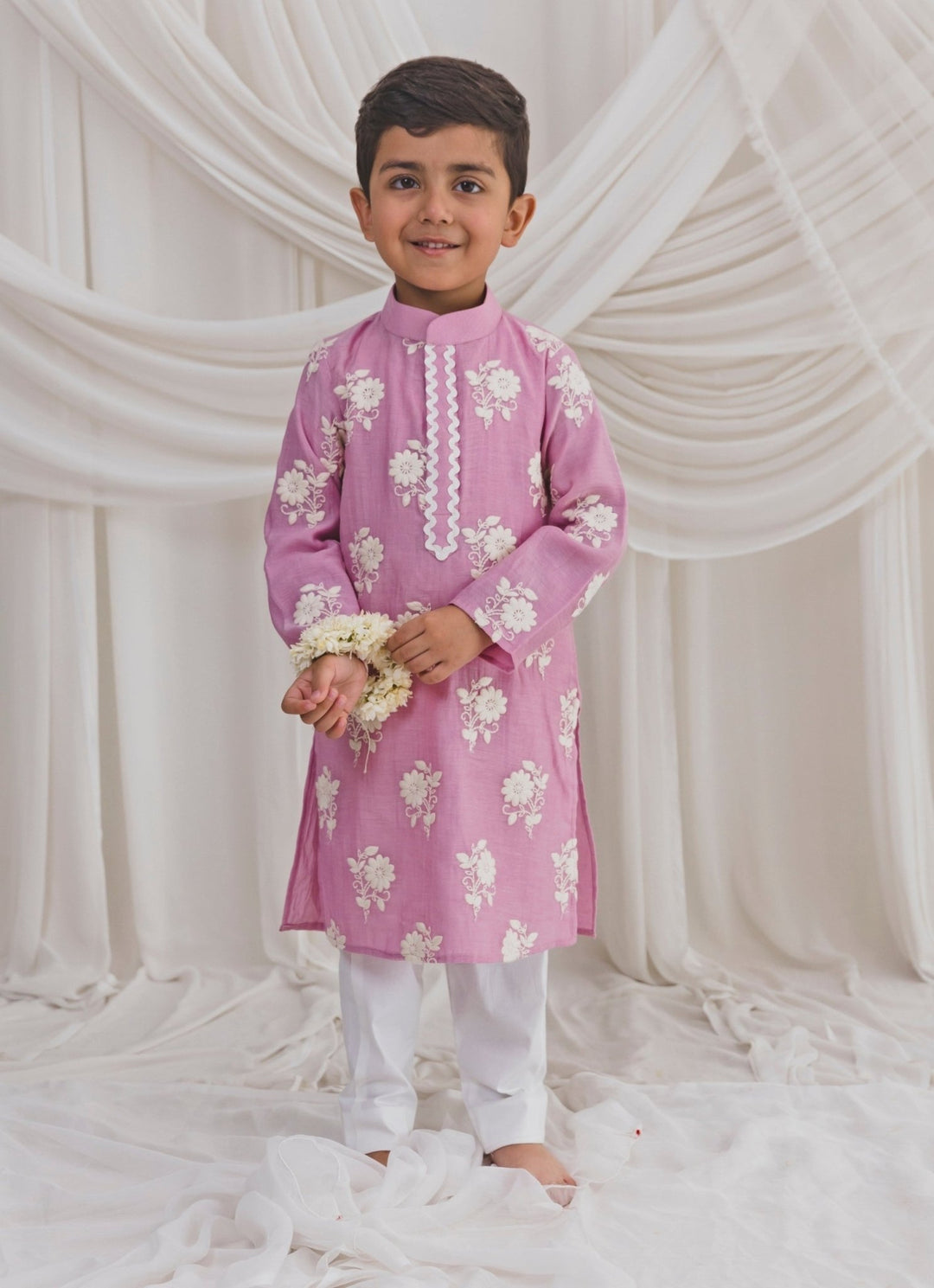 Baby Pink Chanderi Boys Kurta Set Chotibuti - Fabilicious Fashion