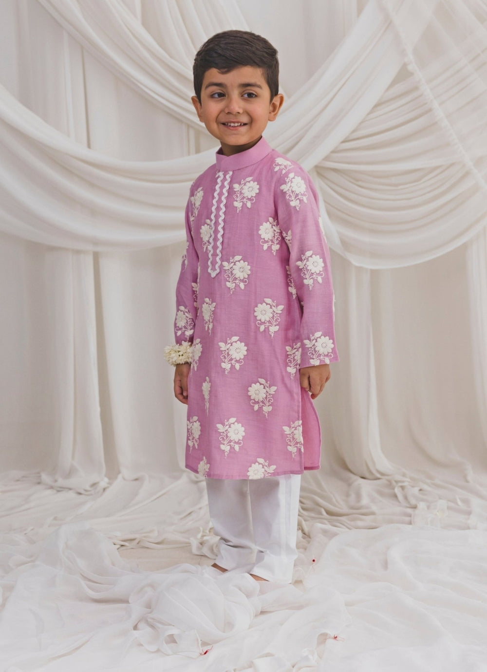 Baby Pink Chanderi Boys Kurta Set Chotibuti - Fabilicious Fashion
