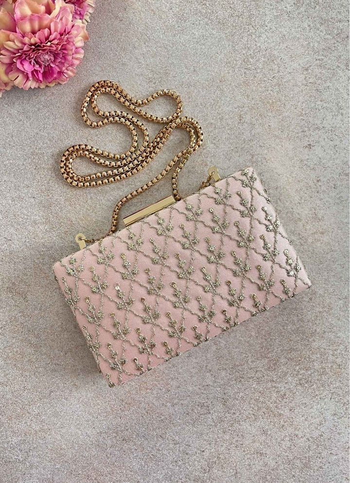 Baby Pink Embroidered Clutch AMYRA - Fabilicious Fashion