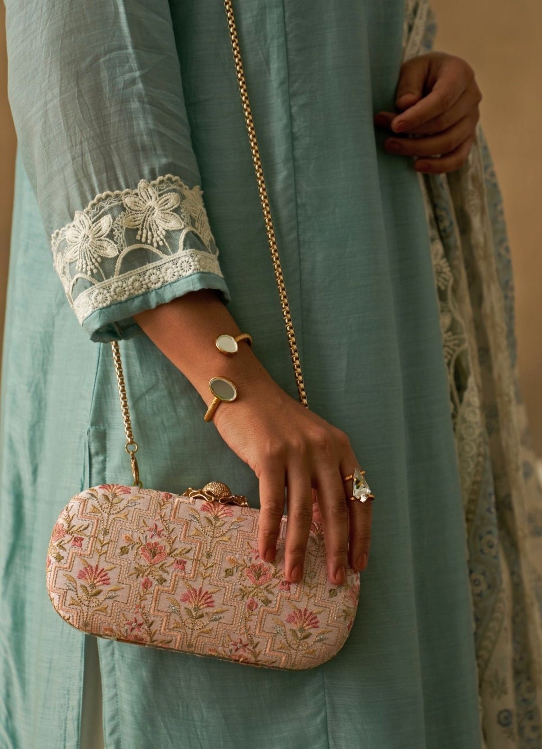 Baby Pink Embroidered Clutch AMYRA - Fabilicious Fashion