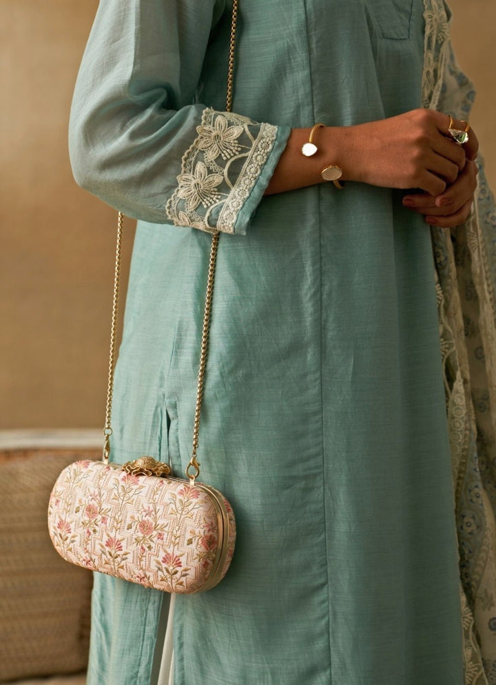 Baby Pink Embroidered Clutch AMYRA - Fabilicious Fashion