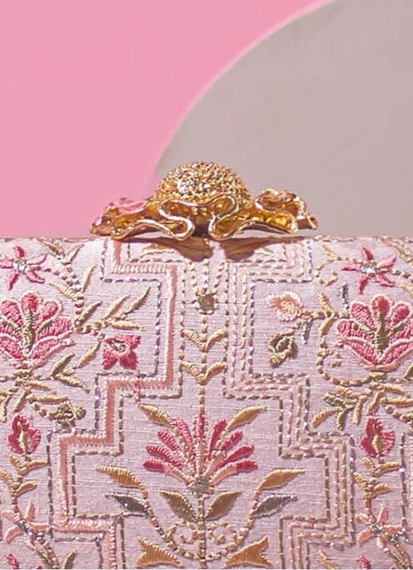 Baby Pink Embroidered Clutch AMYRA - Fabilicious Fashion