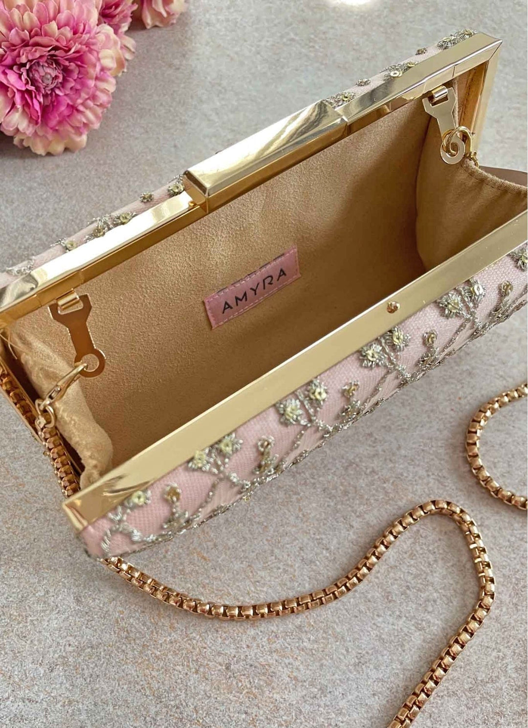 Baby Pink Embroidered Clutch AMYRA - Fabilicious Fashion