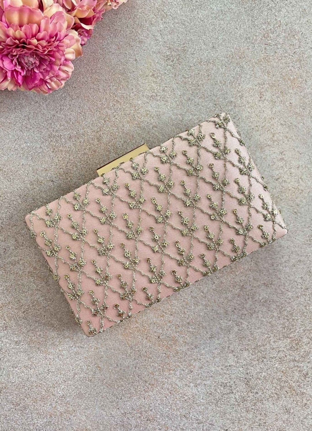 Baby Pink Embroidered Clutch AMYRA - Fabilicious Fashion