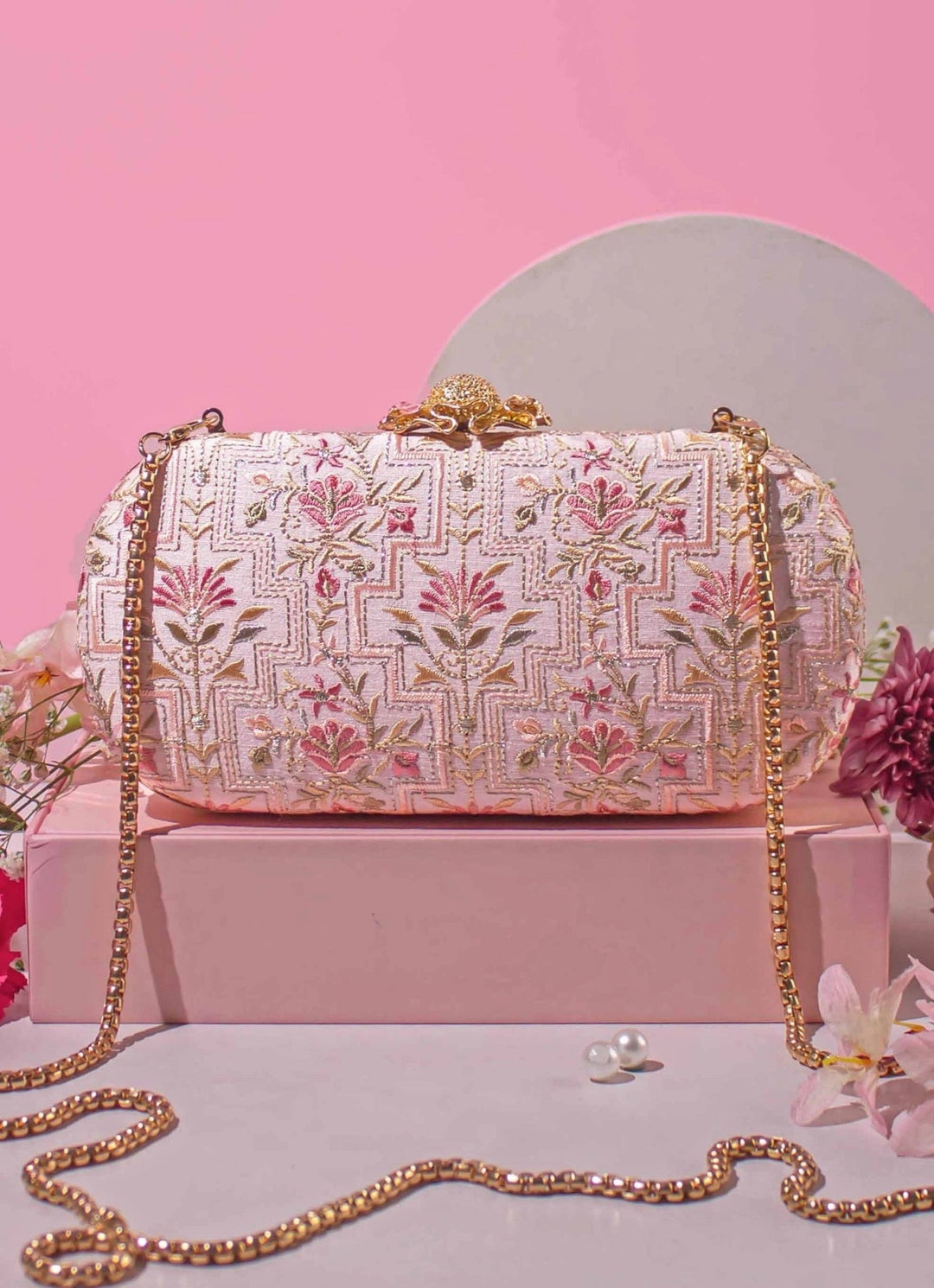 Baby Pink Embroidered Clutch AMYRA - Fabilicious Fashion