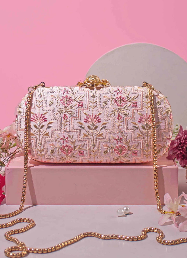 Baby Pink Embroidered Clutch AMYRA - Fabilicious Fashion