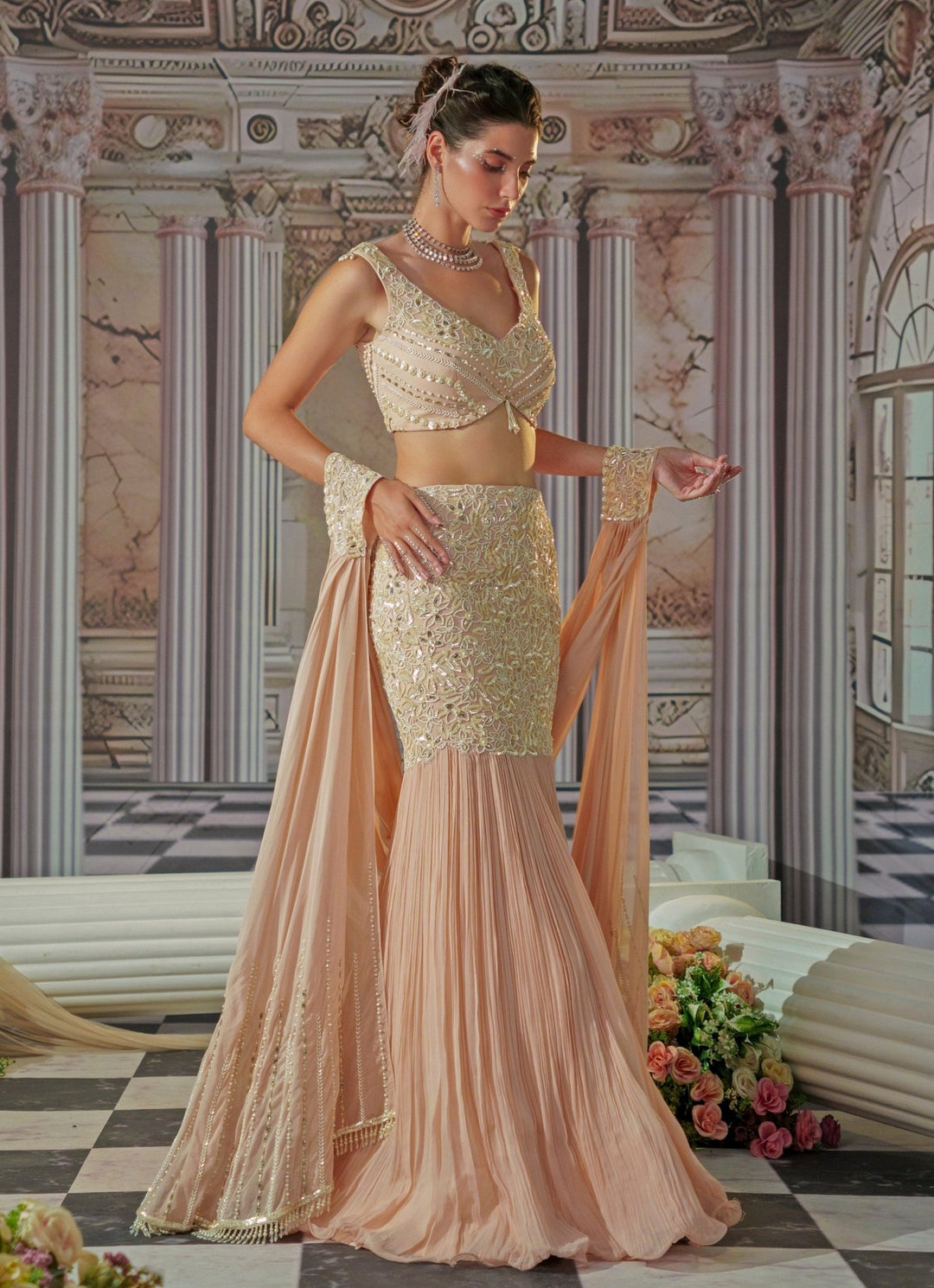 Baby Pink Embroidered Fish Cut Lehenga Nidhika Shekhar - Fabilicious Fashion