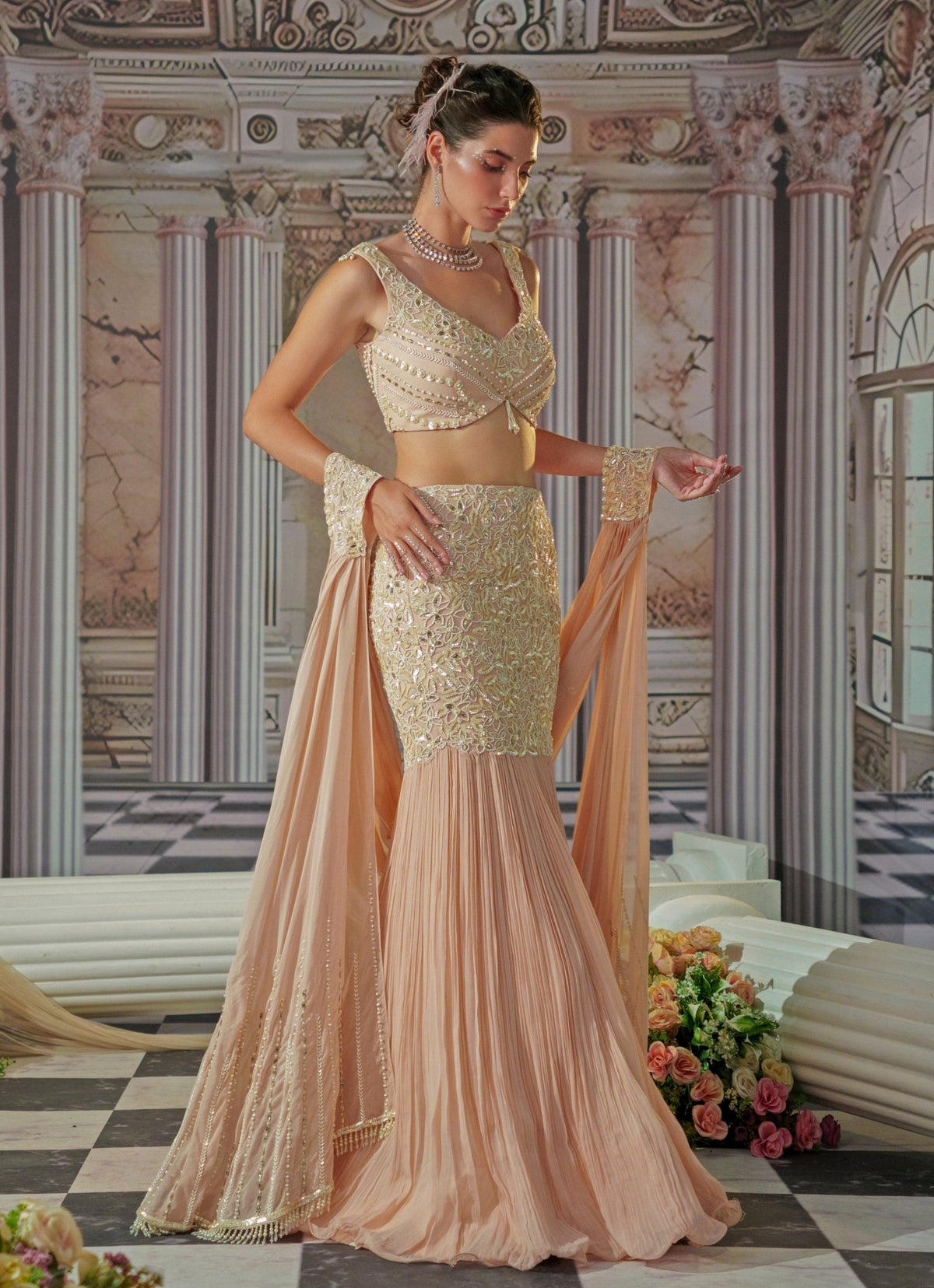 Baby pink embroidered fish cut mermaid lehenga