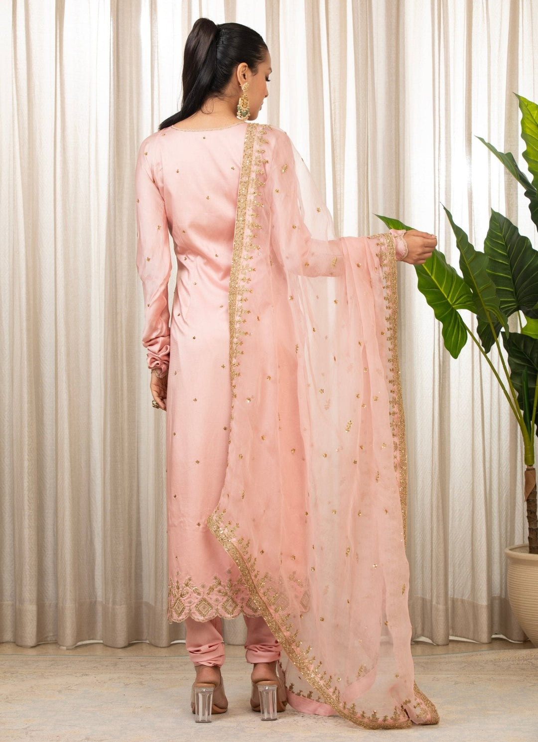 Baby Pink Embroidered Long Kurta Pant Set Esha Koul - Fabilicious Fashion