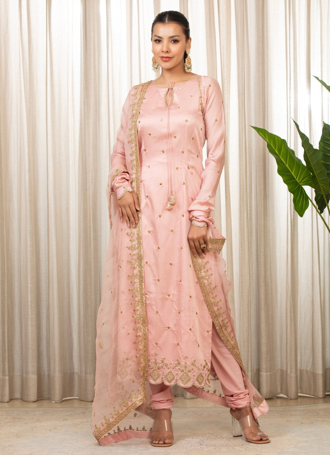 Baby Pink Embroidered Long Kurta Pant Set Esha Koul - Fabilicious Fashion