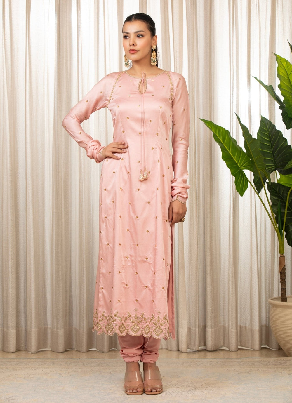 Baby Pink Embroidered Long Kurta Pant Set Esha Koul - Fabilicious Fashion