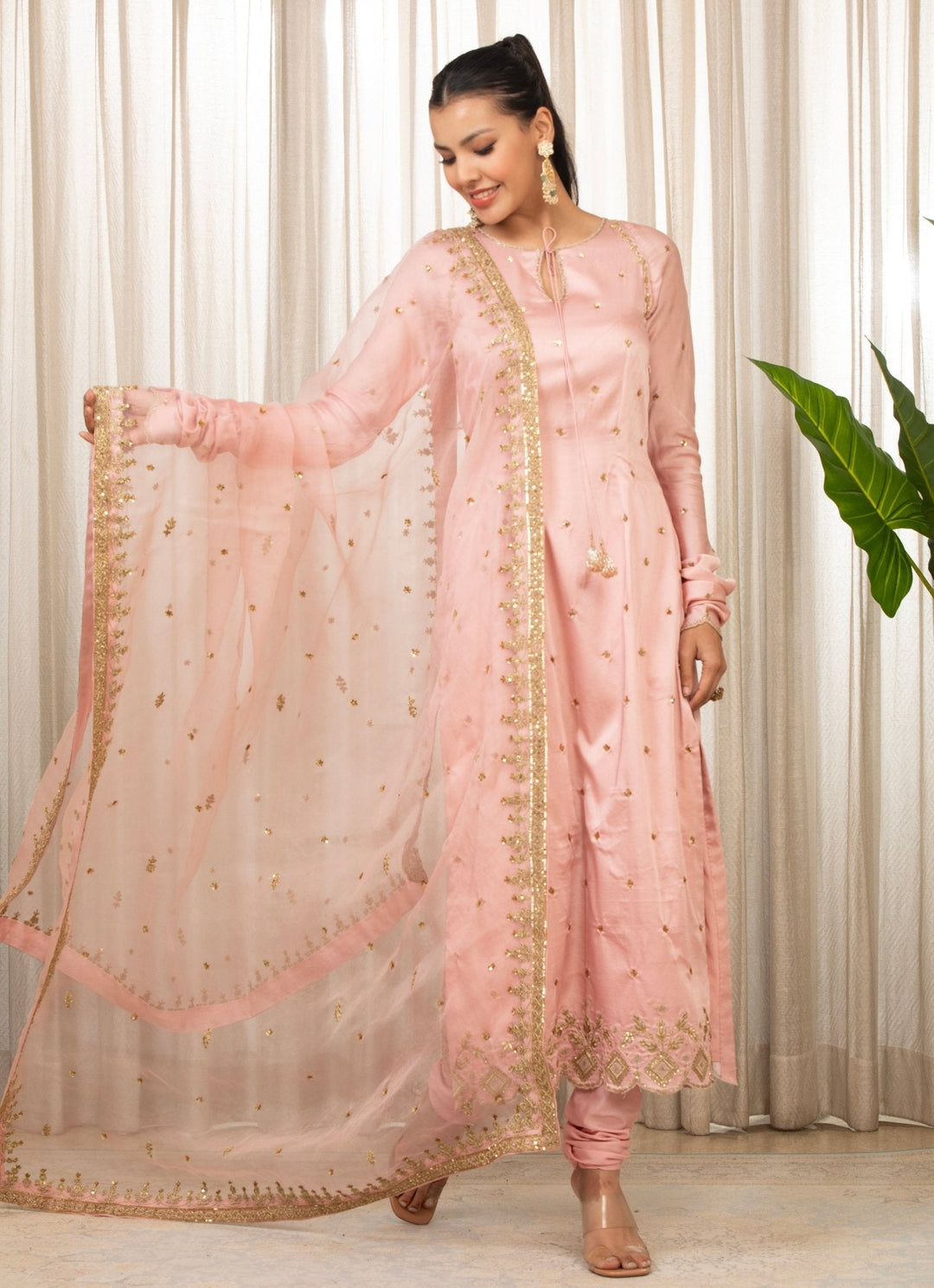 Baby Pink Embroidered Long Kurta Pant Set Esha Koul - Fabilicious Fashion