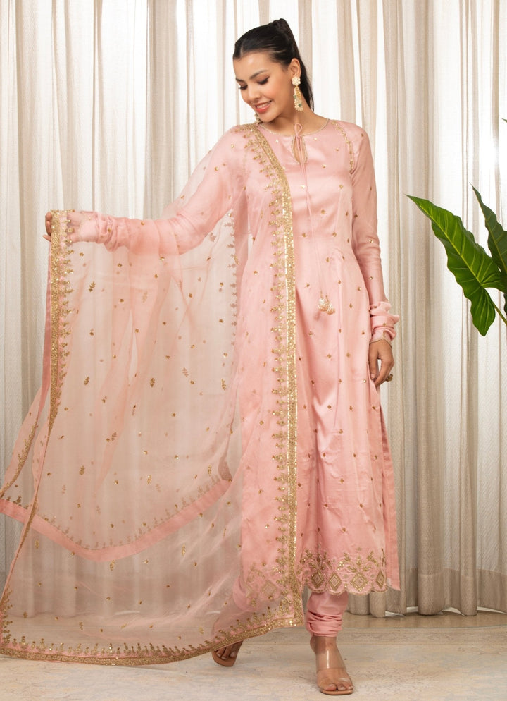 Baby Pink Embroidered Long Kurta Pant Set Esha Koul - Fabilicious Fashion