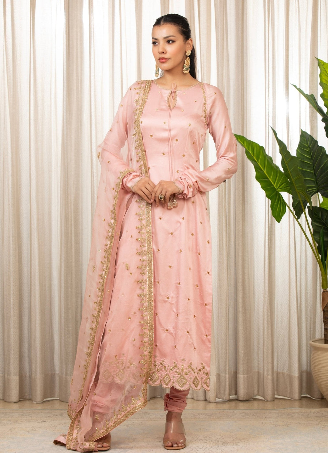 Baby Pink Embroidered Long Kurta Pant Set Esha Koul - Fabilicious Fashion