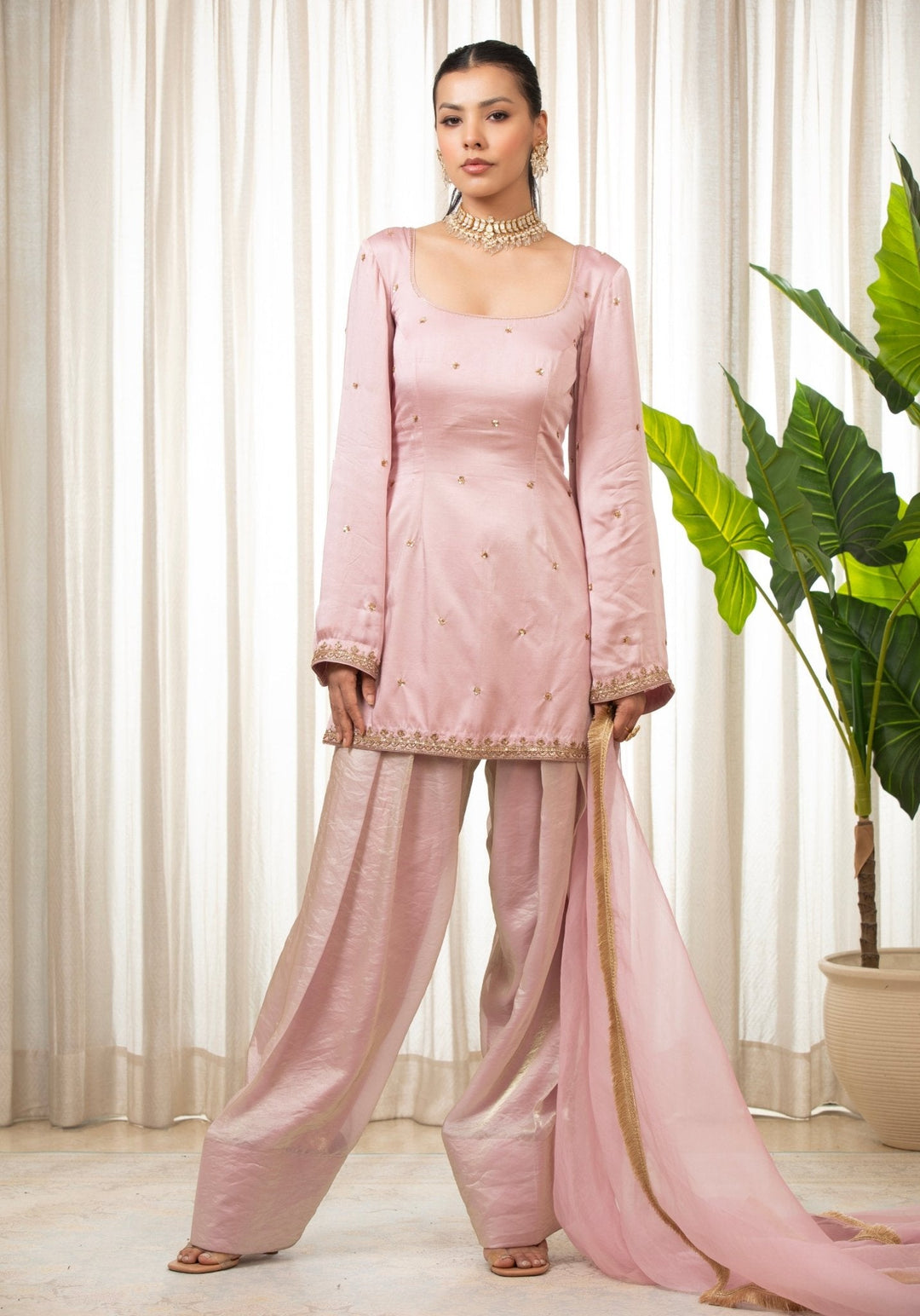 Baby Pink Embroidered Satin Kurta Salwar Set Esha Koul - Fabilicious Fashion