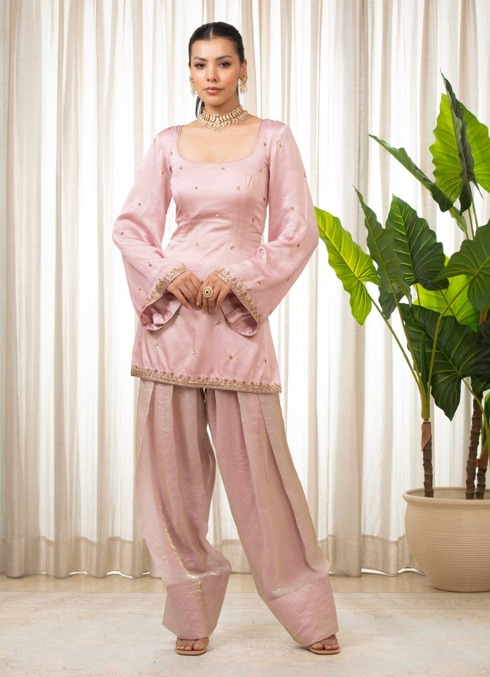 Baby Pink Embroidered Satin Kurta Salwar Set Esha Koul - Fabilicious Fashion