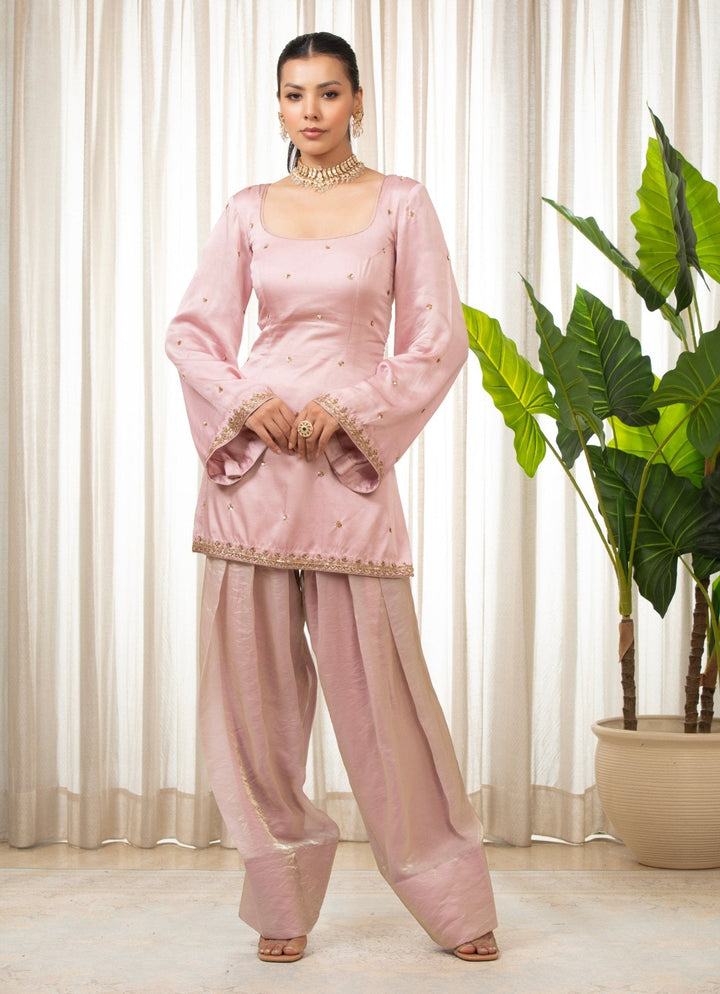 Baby Pink Embroidered Satin Kurta Salwar Set Esha Koul - Fabilicious Fashion